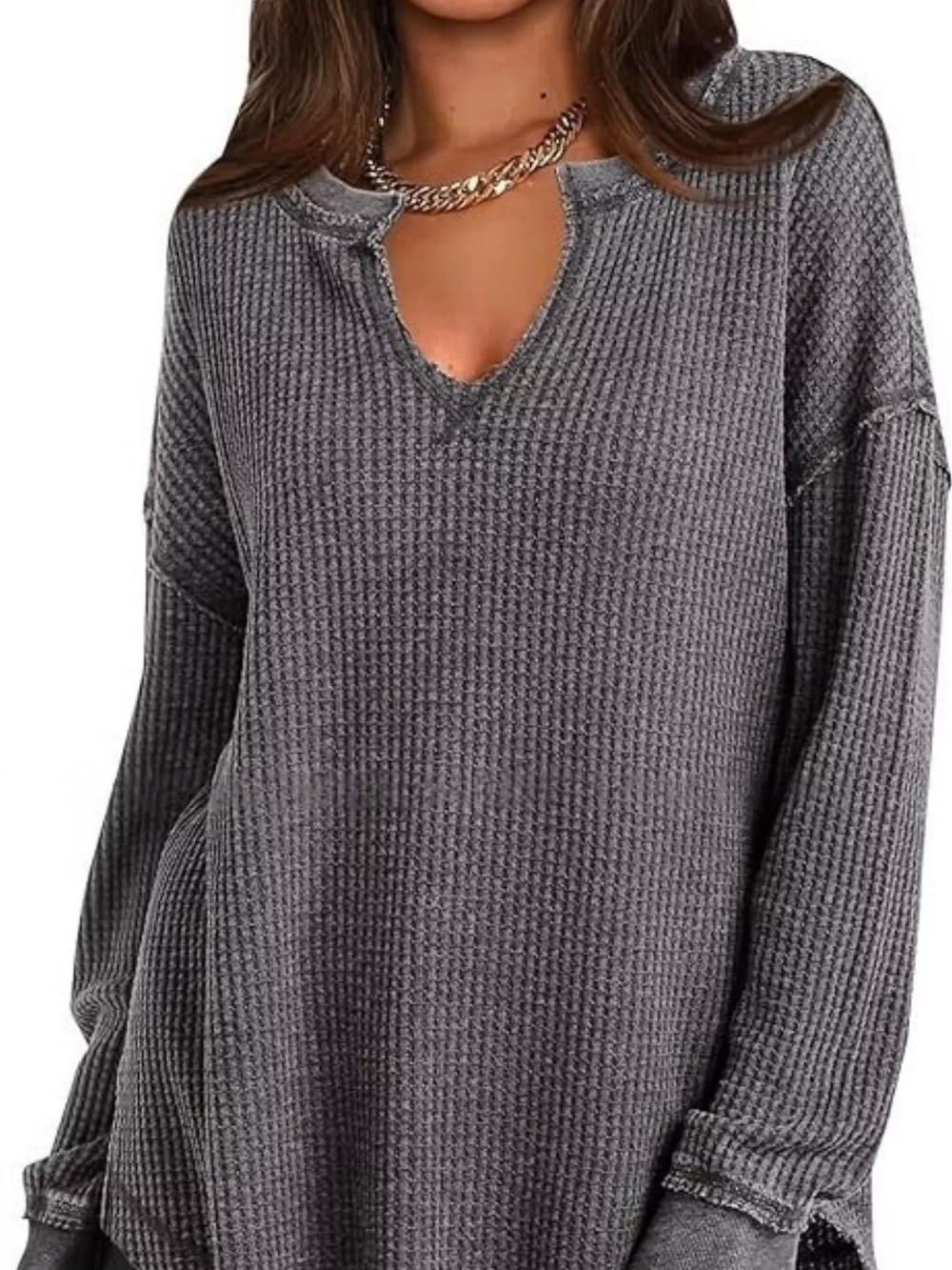 Slit Notched Long Sleeve T-Shirt, image 10