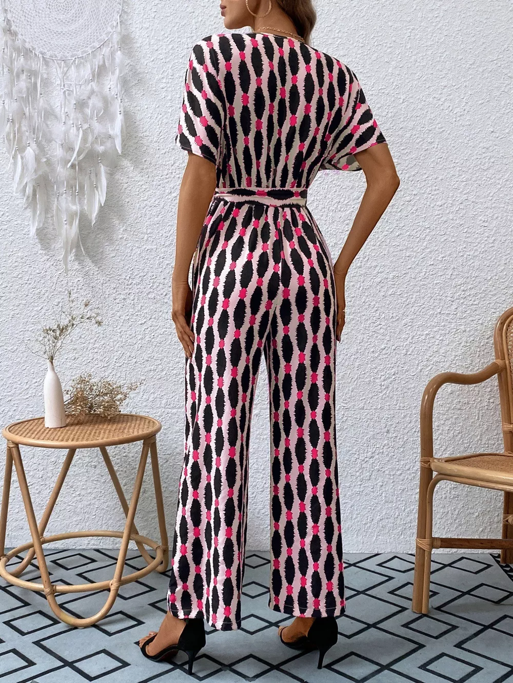 Printed Surplice Tie Waist Short Sleeve Jumpsuit, image 19