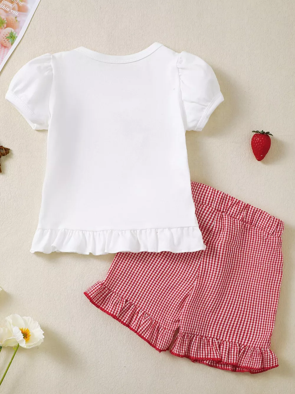 Children's Strawberry Gingham Ruffle Trim Top and Shorts Set, image 6