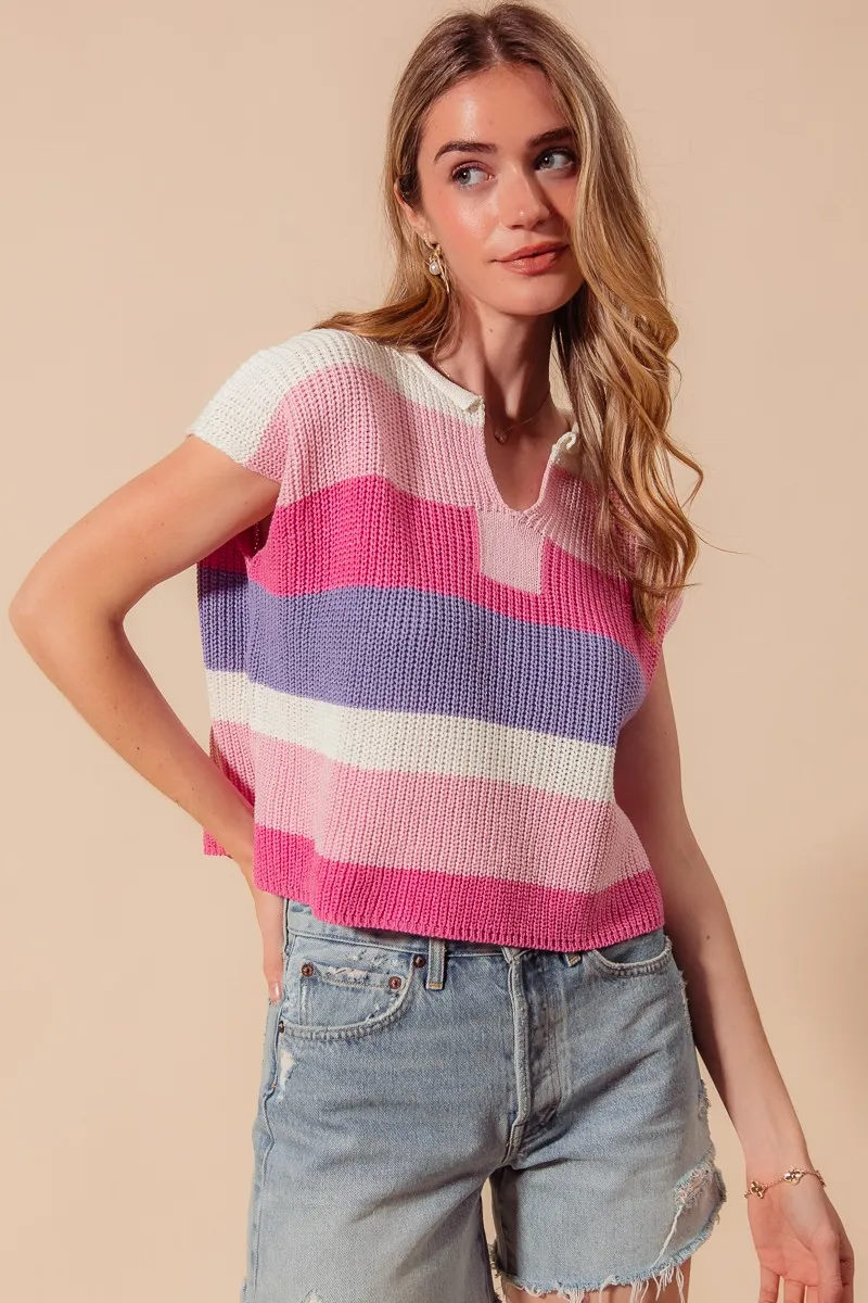 Multi Color Stripe Loose Fit Cap Sleeve Sweater Top, image 3