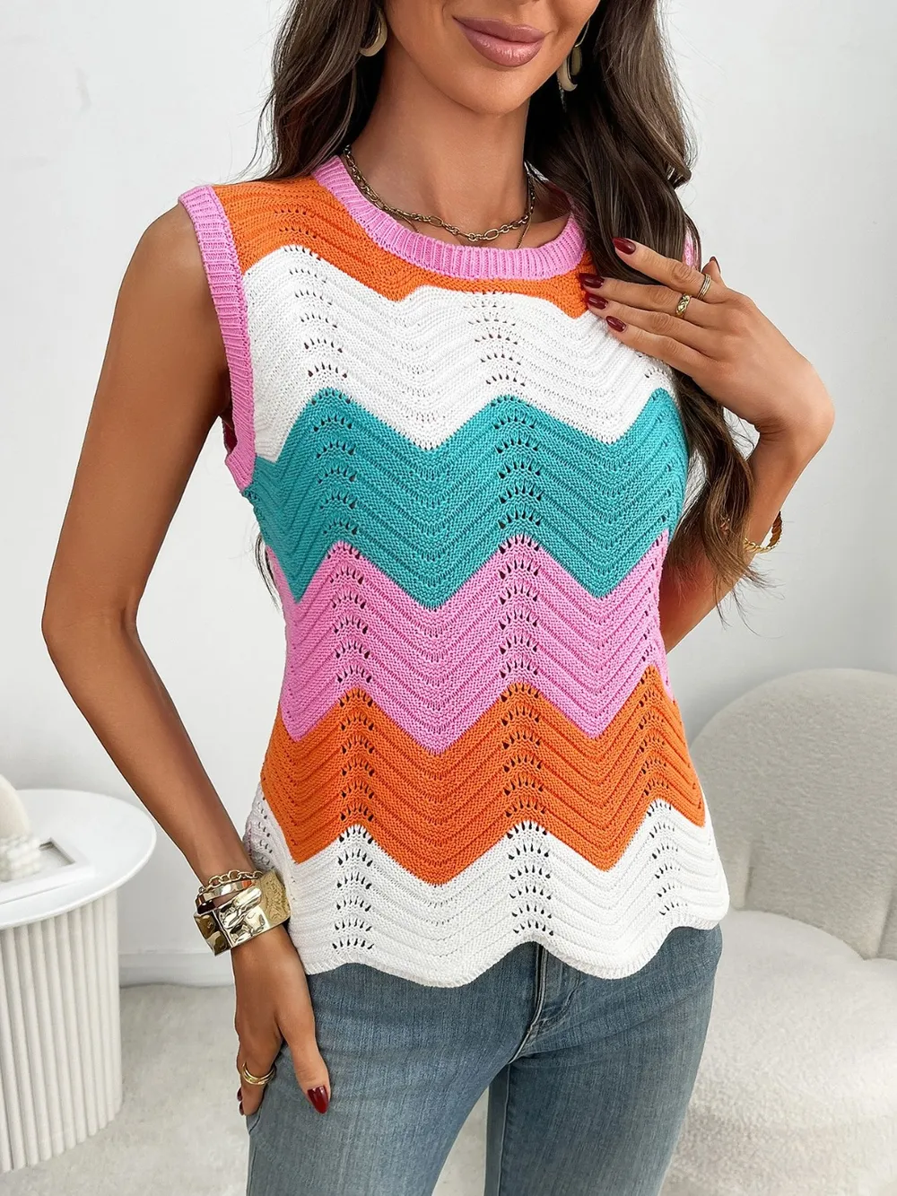 Color Block Round Neck Sweater Vest, image 6