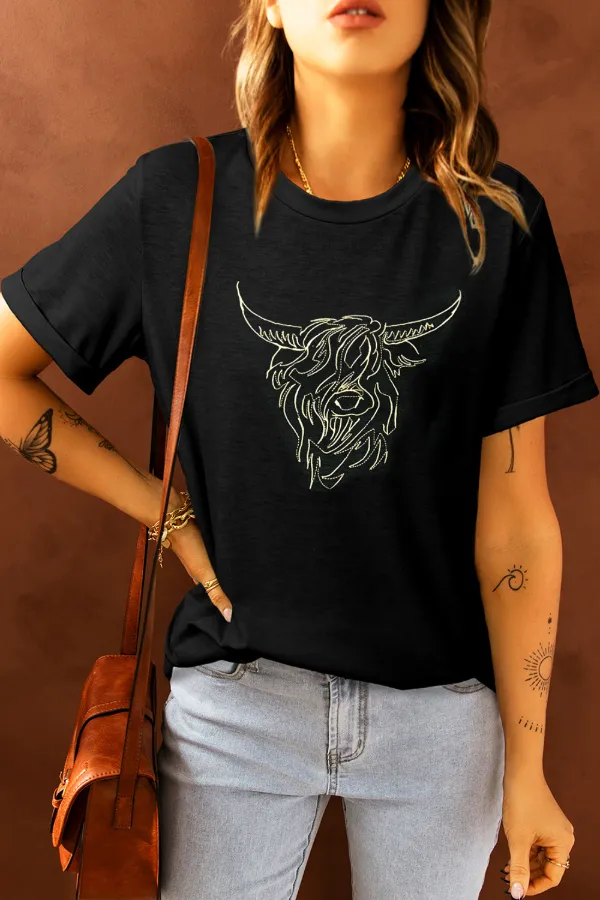 Bull Head Embroidered Round Neck T Shirt, image 4