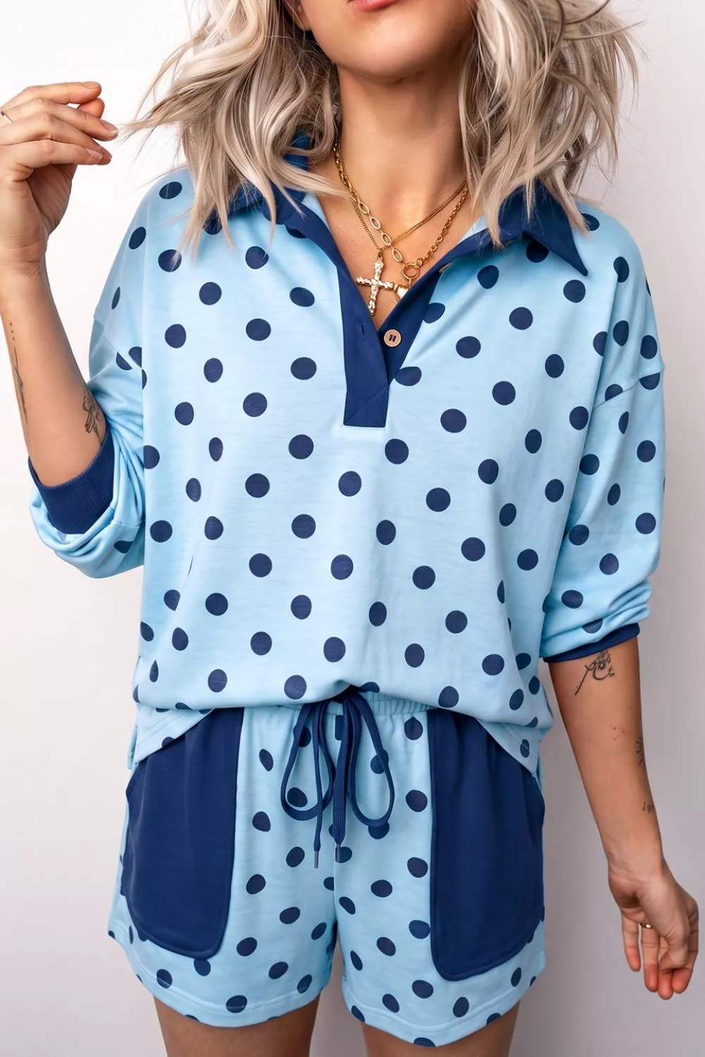 Polka Dot Drop Shoulder Polo Loose Pullover Patch Pocket Casual Shorts Set