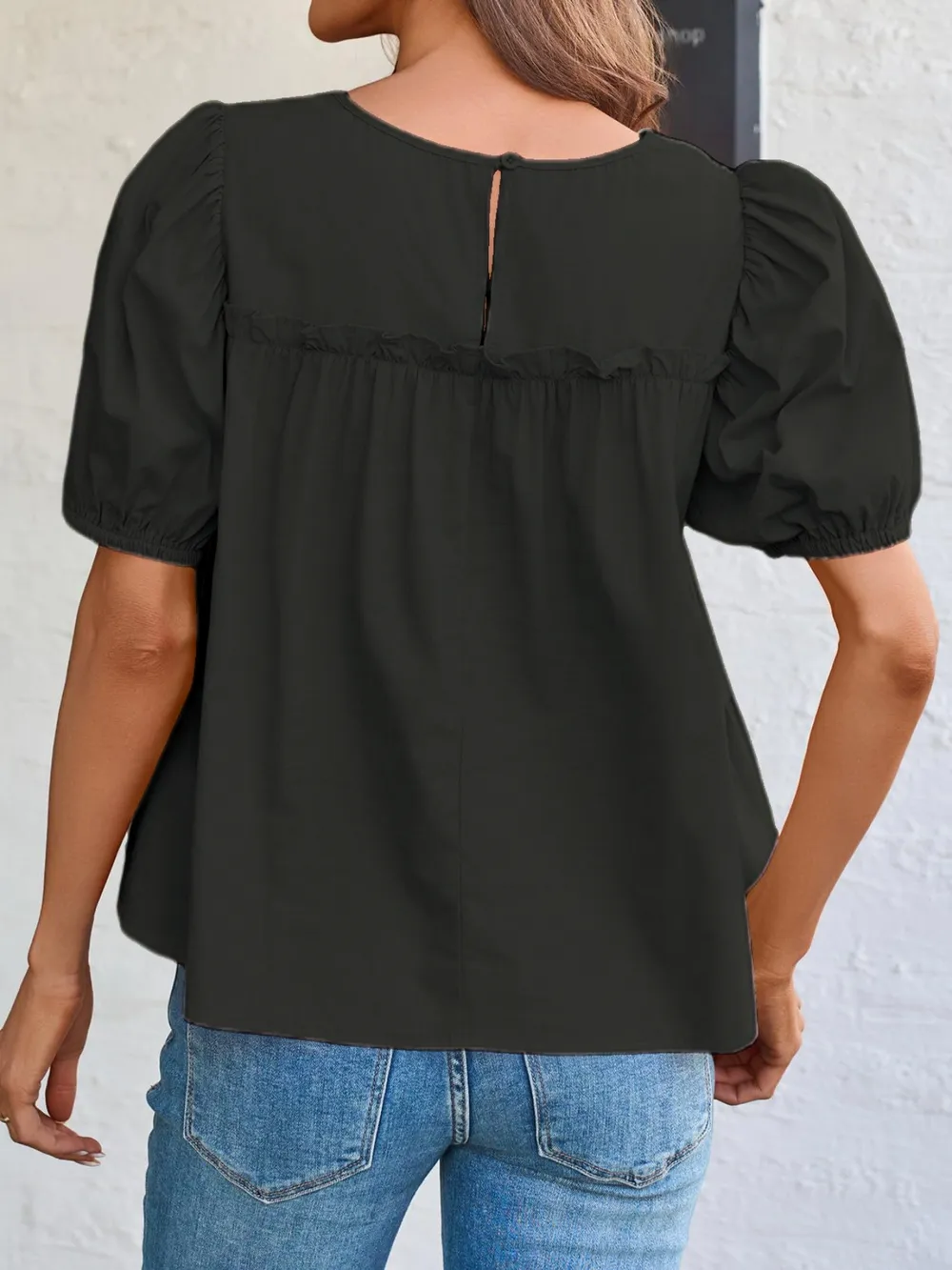 Tiered Round Neck Puff Sleeve Ruched Blouse, image 16