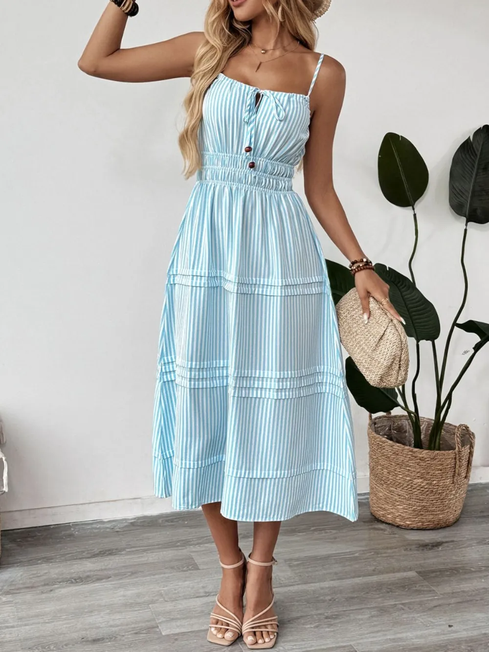 Striped Spaghetti Strap Midi Dress, image 8