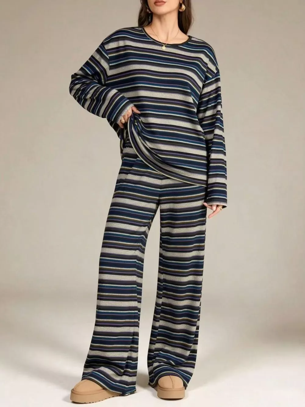 Striped Long-Sleeve Top and Wide-Leg Pants Set, image 9
