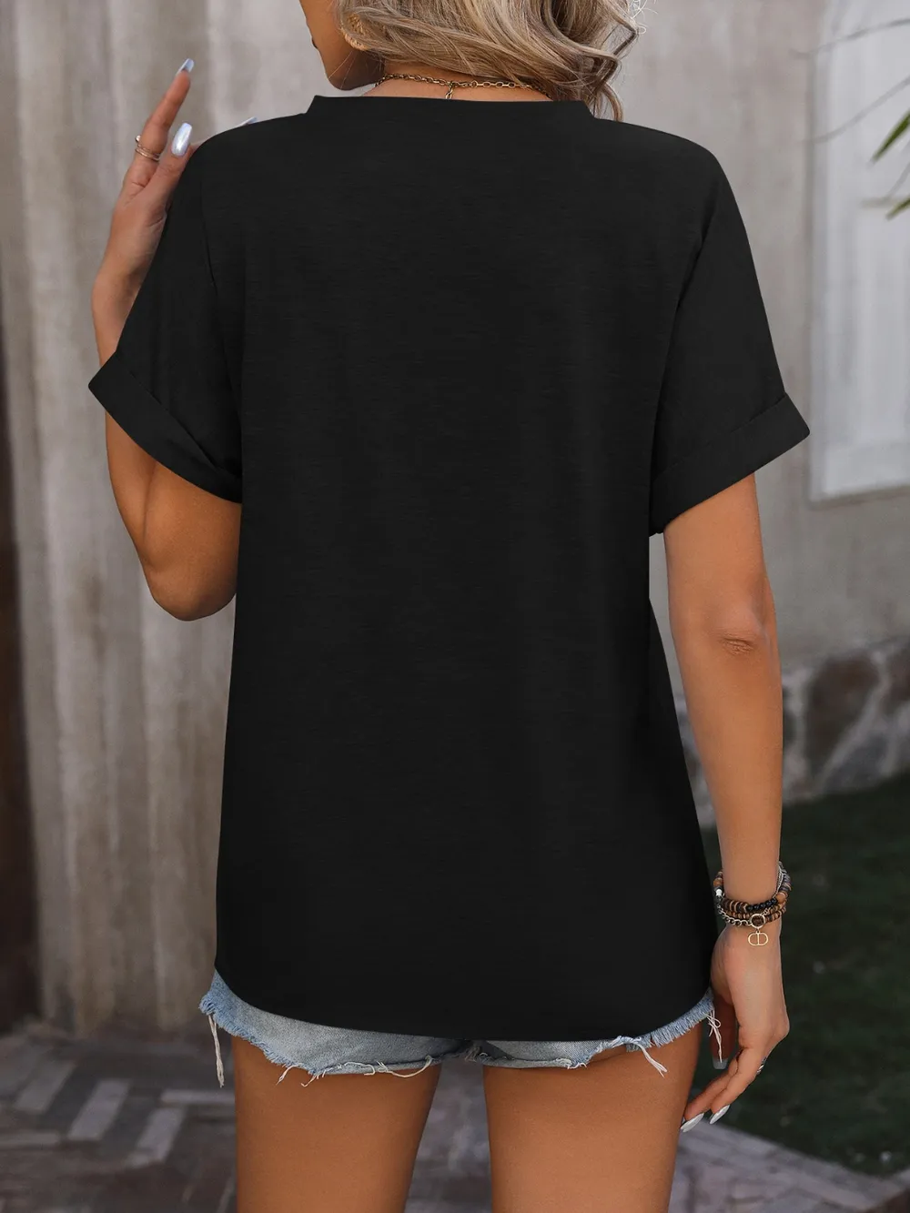 Notched Buttoned Short Sleeve T-Shirt, image 8