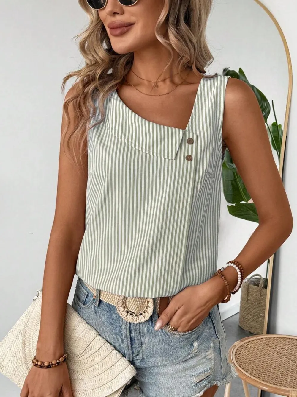 Decorative Button Asymmetrical Striped Tank, image 12