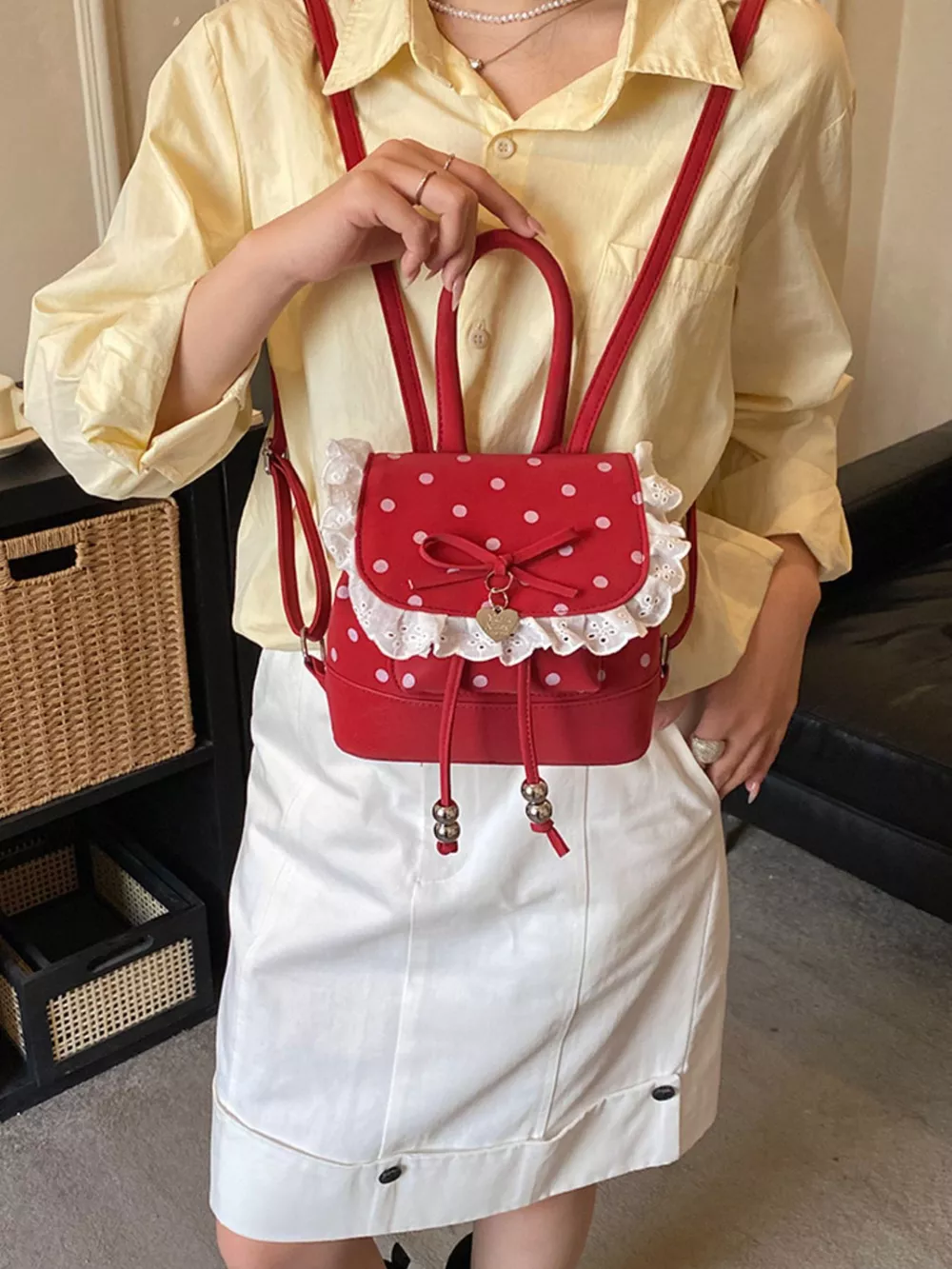 Polka Dot Lace Trim Backpack Bag, image 4