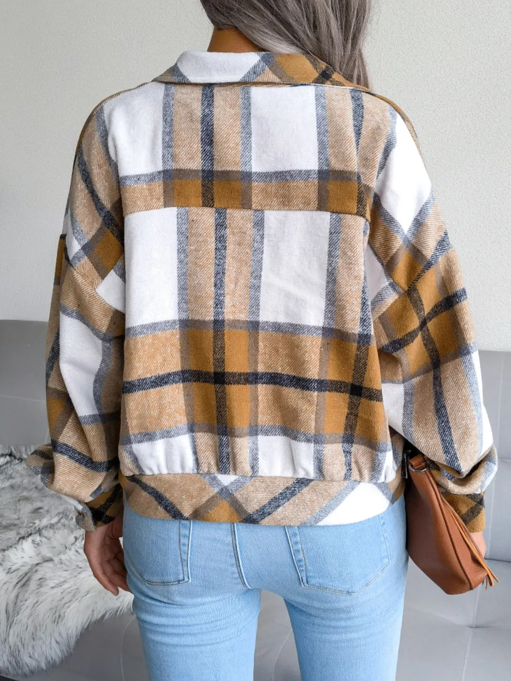 Plaid Collared Neck Long Sleeve Jacket, image 7