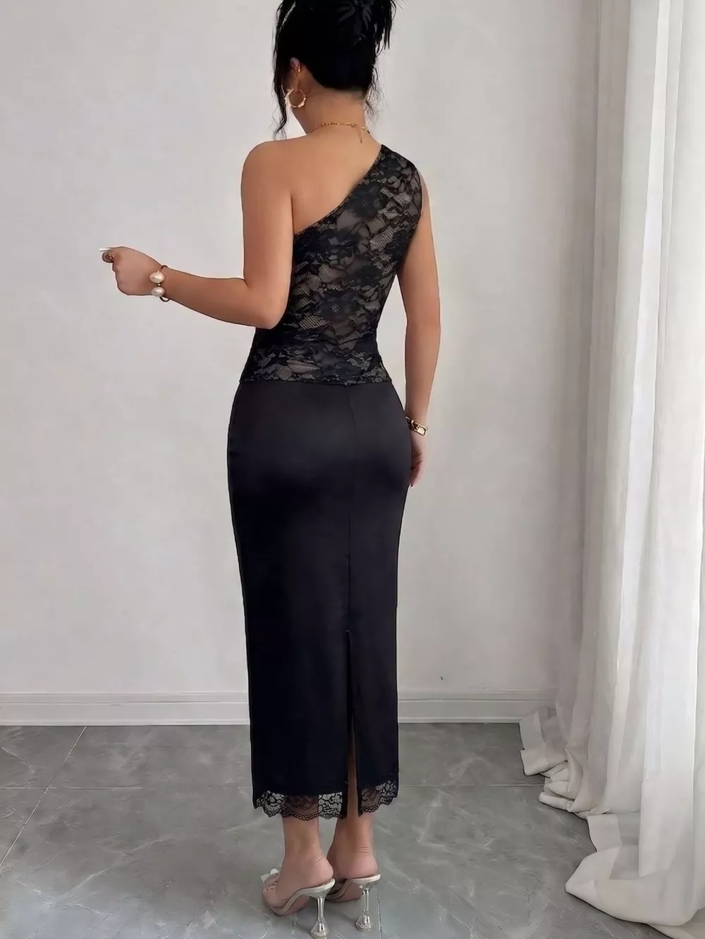 One-Shoulder Lace Trimmed Midi Dress, image 4