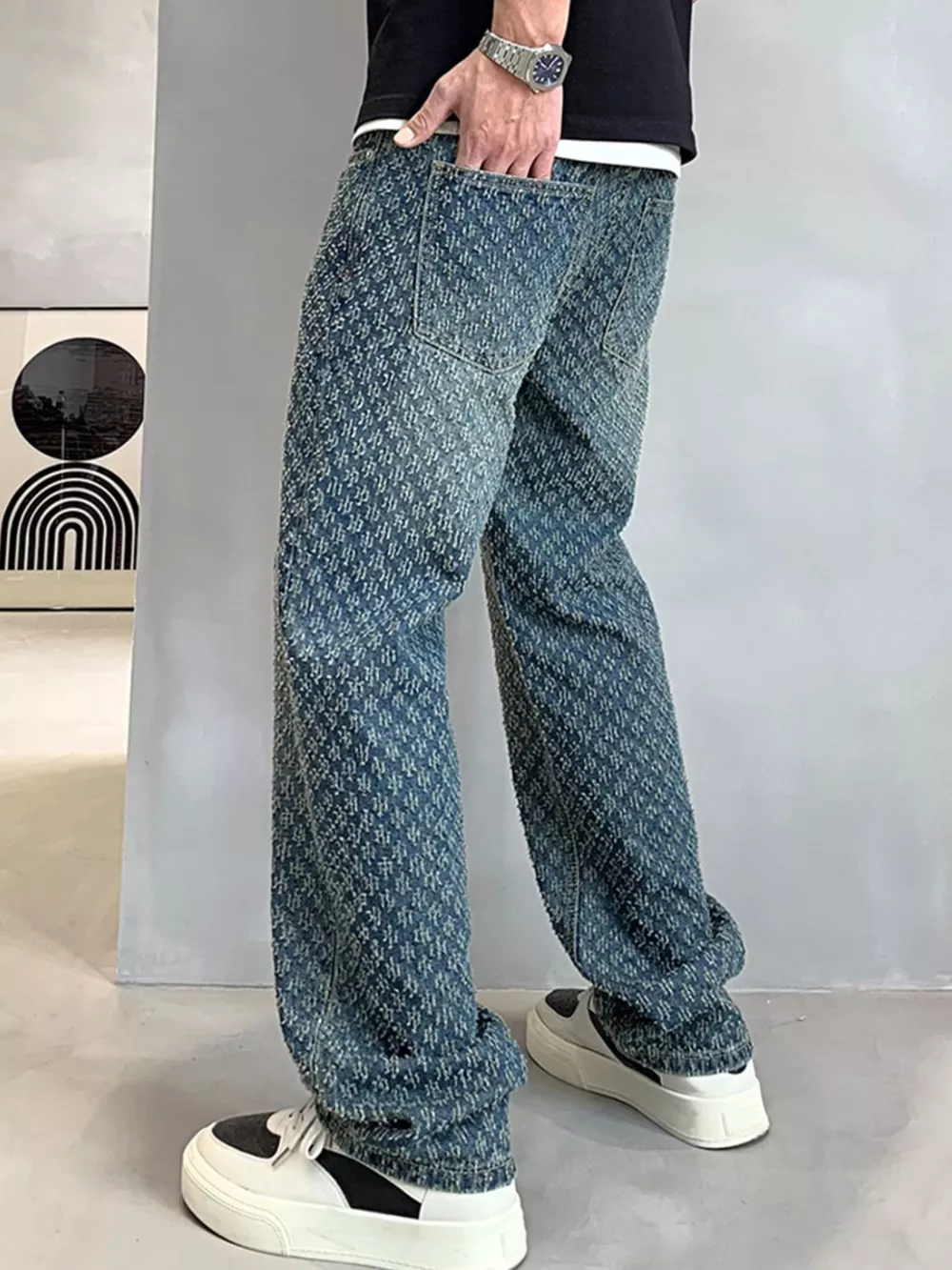 Men's Textured Pattern Relaxed Fit Jeans, image 6