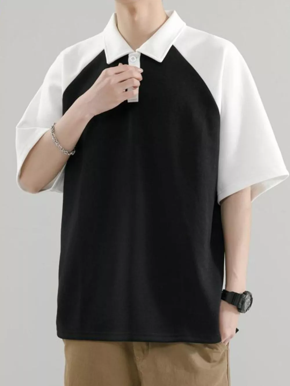 Men's Plus Size Contrast Button Detail Short Sleeve Polo, image 2