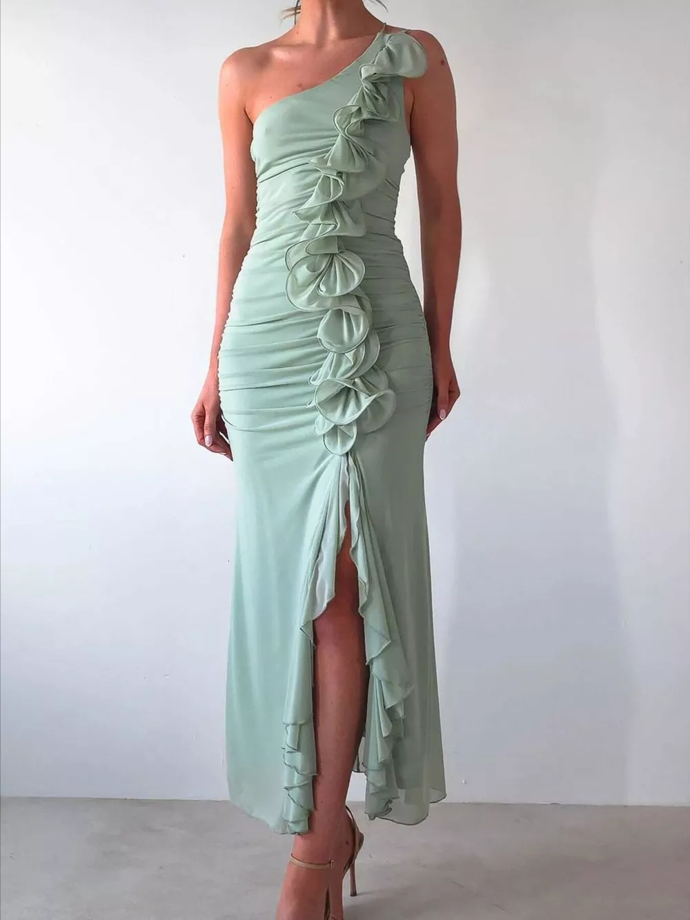 One-Shoulder Ruffle Slit Dress, image 4