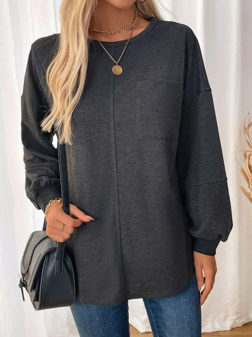 Pocketed Round Neck Long Sleeve Sweatshirt, image 6