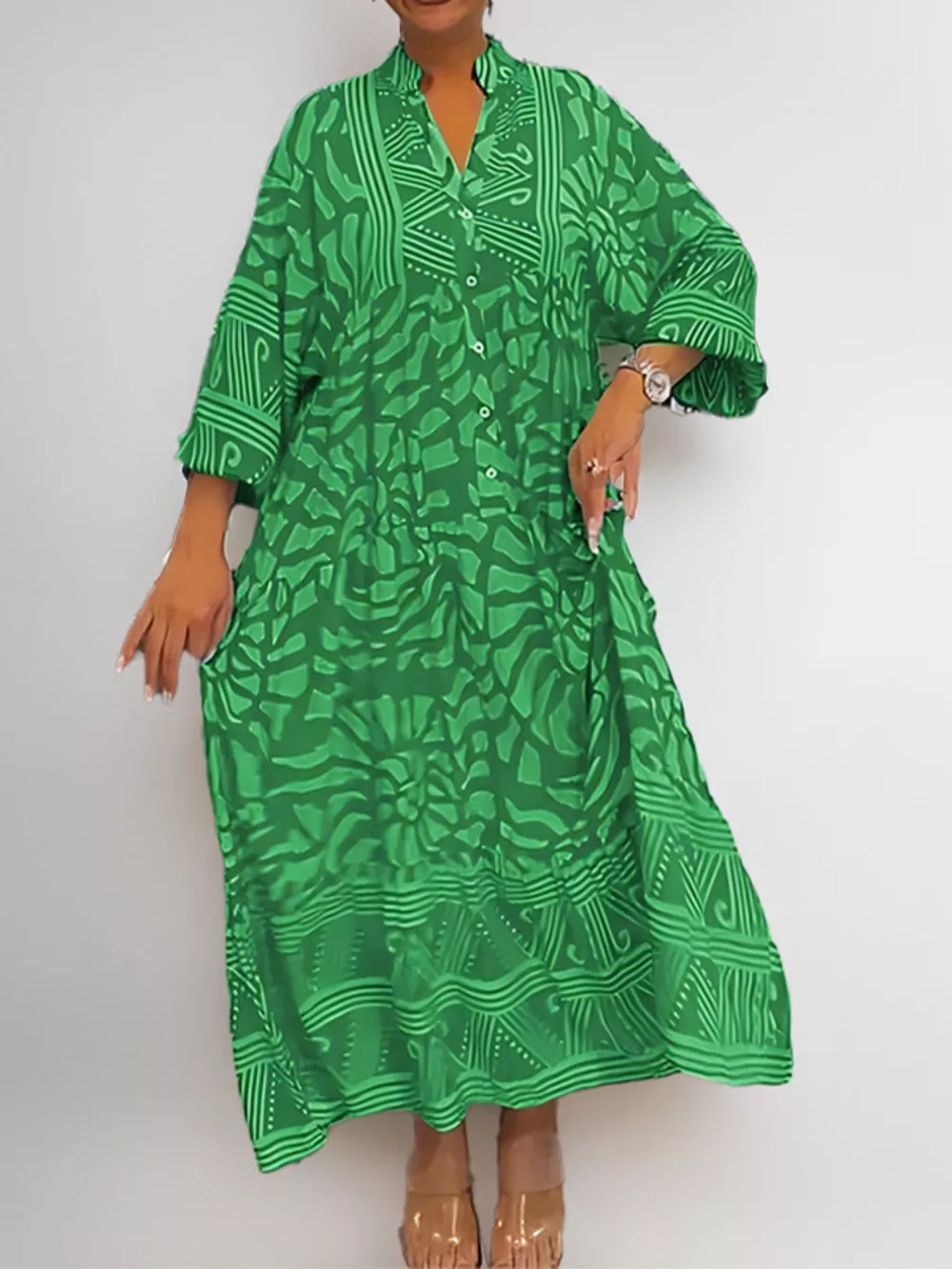 Printed Button Front Midi Dress, image 10