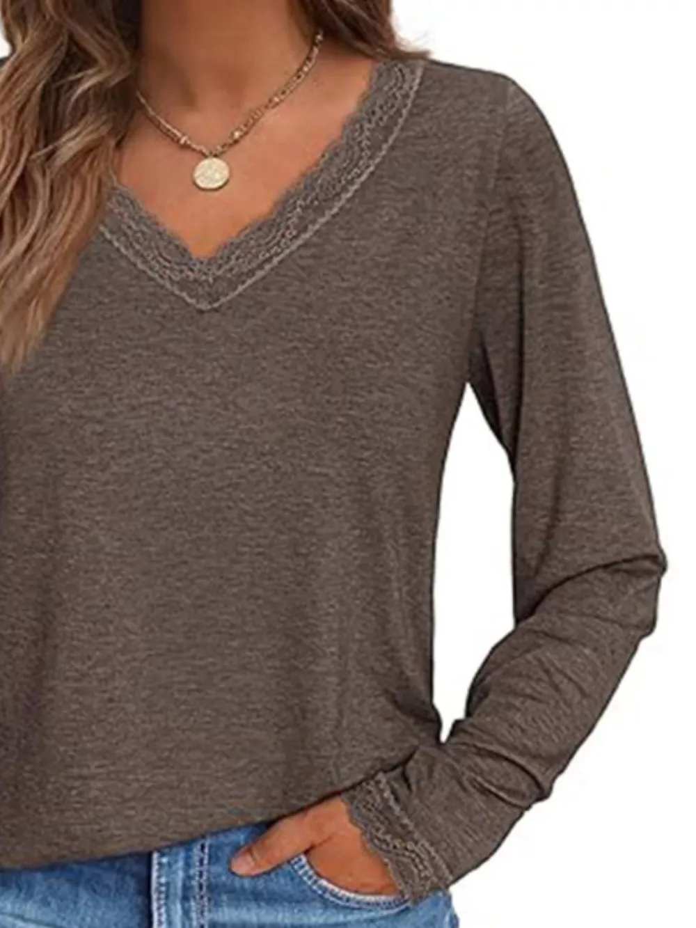 Lace Trim V-Neck Long Sleeve T-Shirt, image 14
