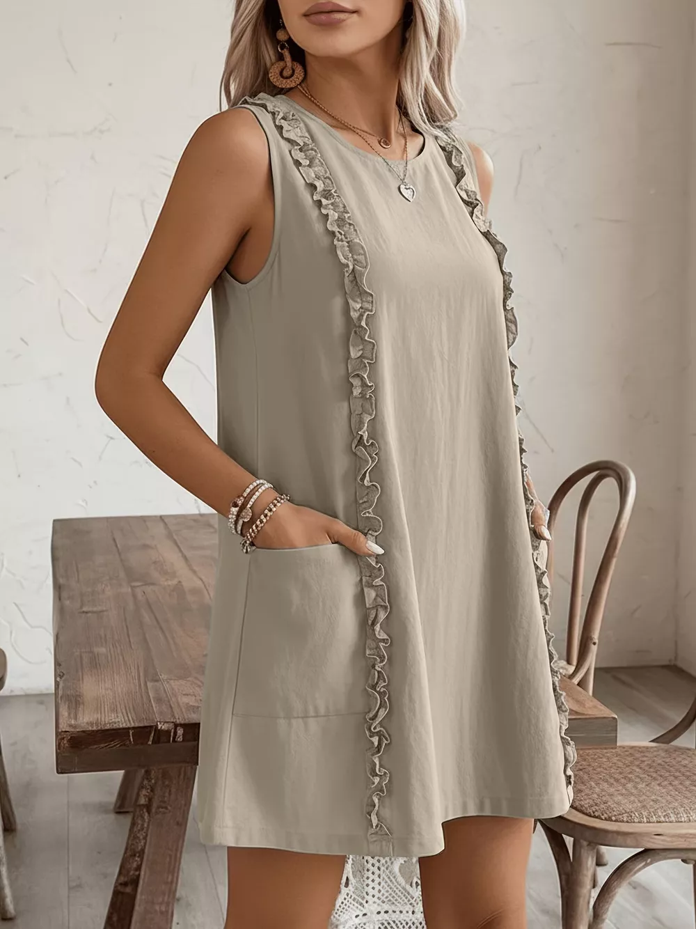 Frill Sleeveless Round Neck Dress, image 6