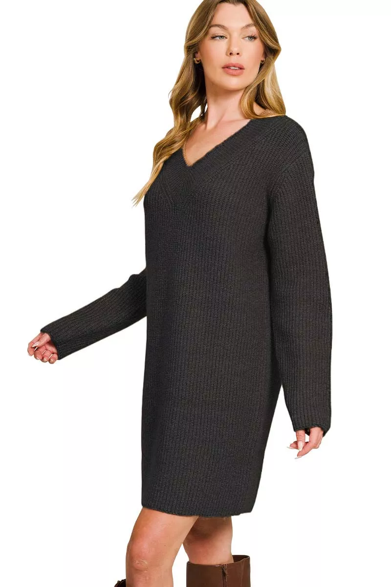 V-Neck Long Sleeve Ribbed Sweater Dress, image 2