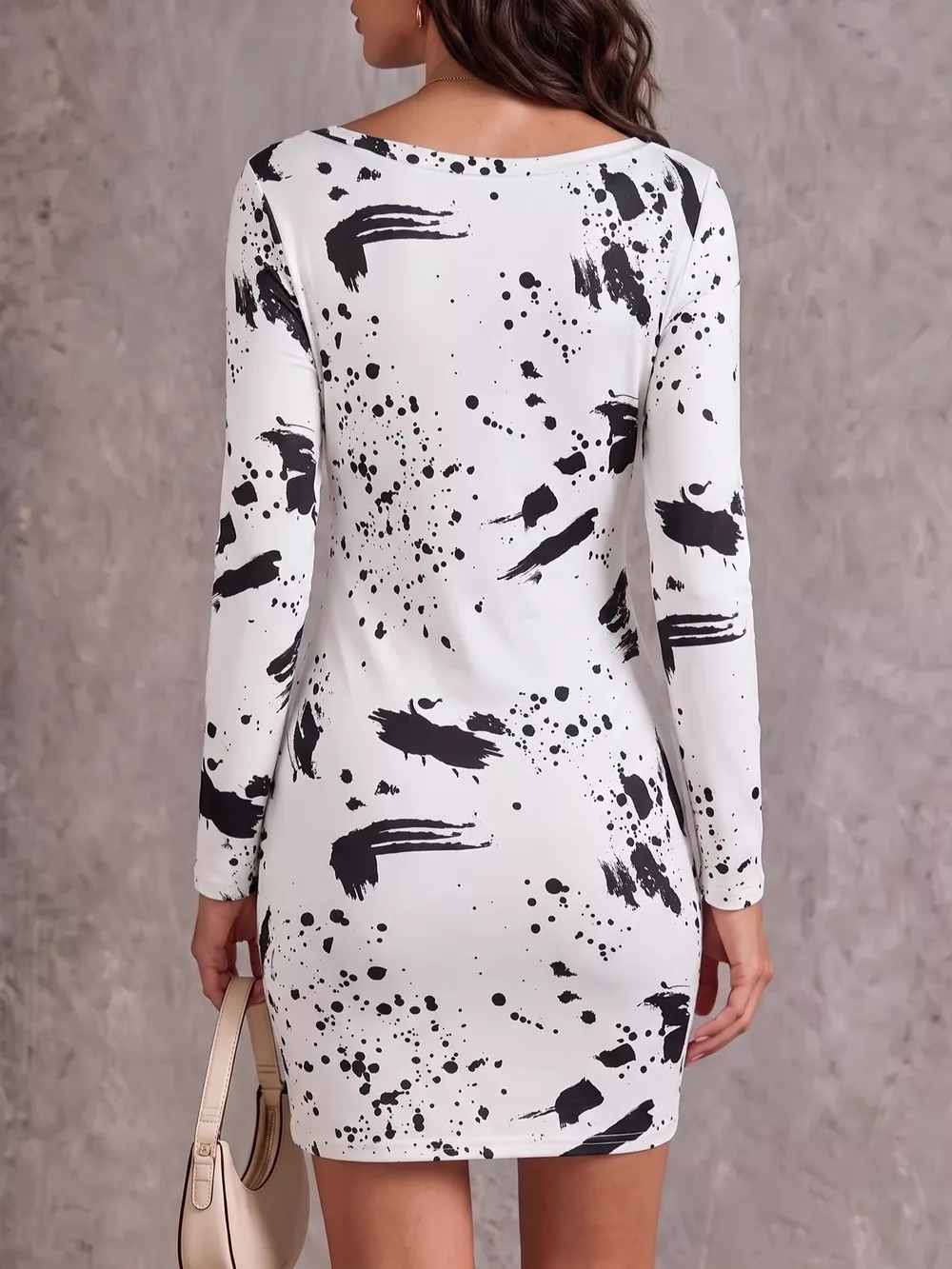 One-Shoulder Long Sleeve Paint Splatter Bodycon Mini Dress, image 10