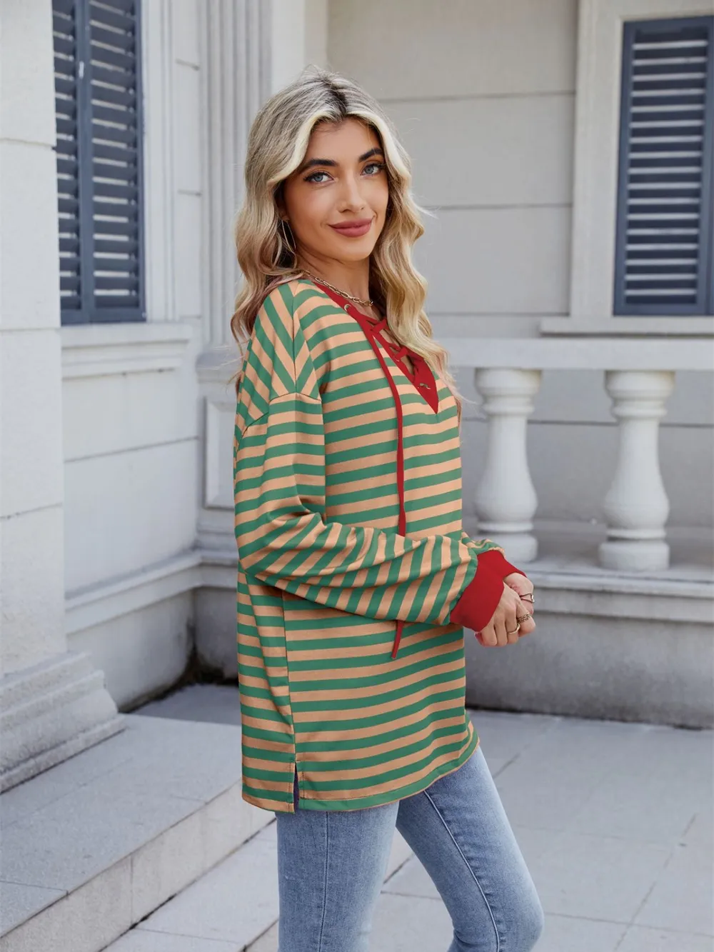 Lace-Up Striped Long Sleeve T-Shirt, image 7