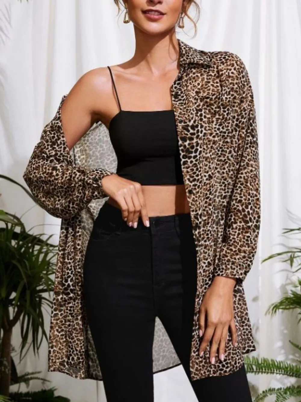Leopard Print Button-Up Long Sleeve Oversized Shirt, image 4