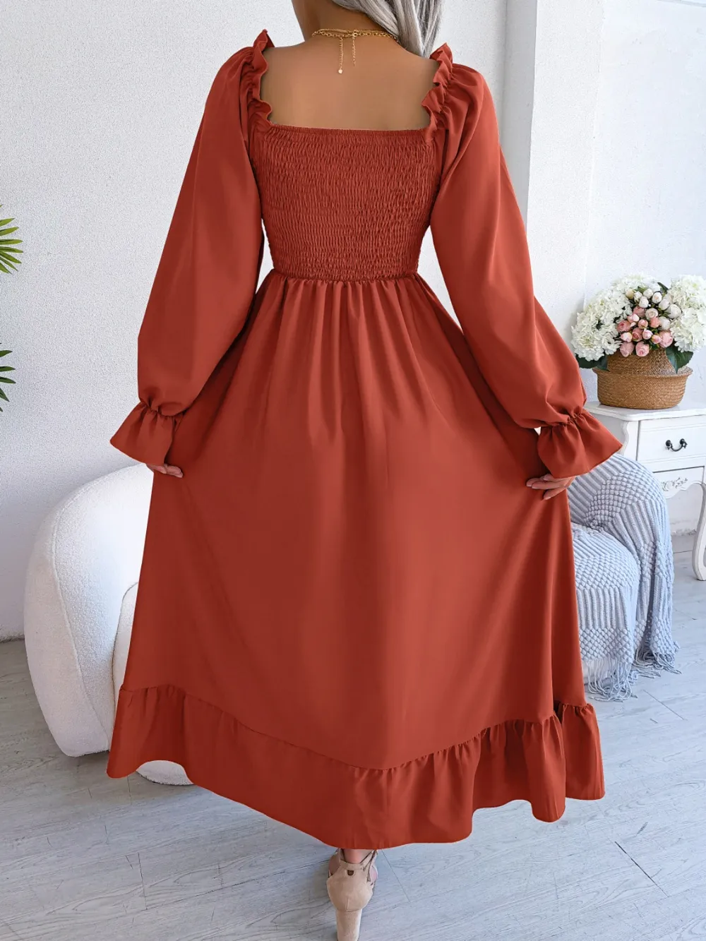 Smocked Square Neck Flounce Sleeve Dress, image 25