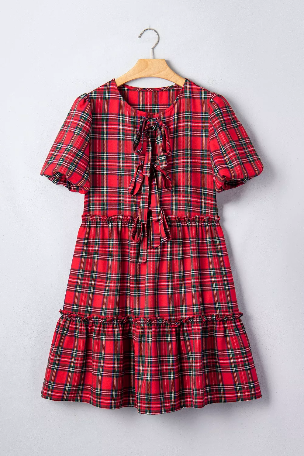 Plaid Knot Neck Short Sleeve Mini Shift Dress, image 4