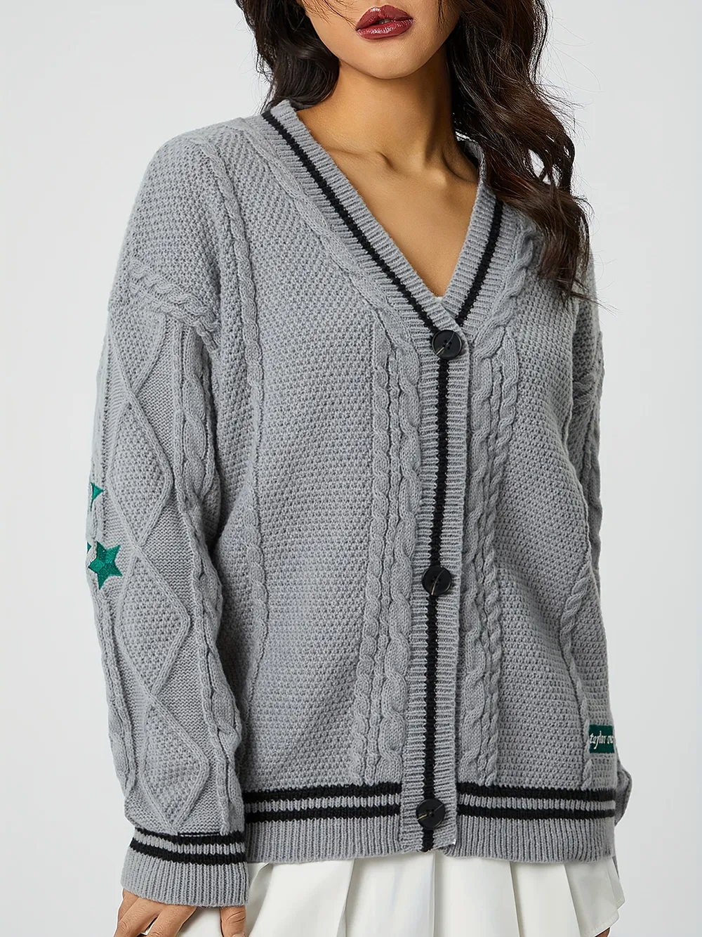 Star Embroidered V-Neck Long Sleeve Cardigan, image 10