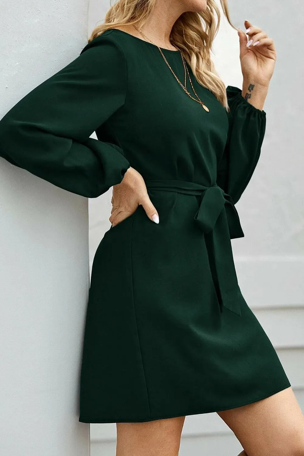 Tied Boat Neck Balloon Sleeve Mini Dress, image 23