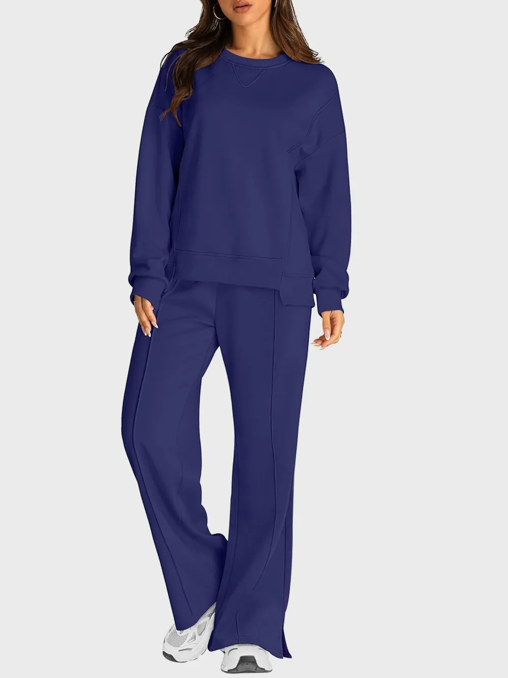 Round Neck Long Sleeve Top and Slit Pants Set, image 20
