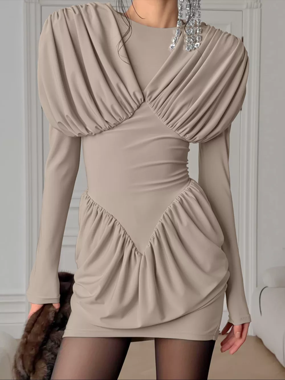 Ruched Long Sleeve Bodycon Mini Dress, image 8