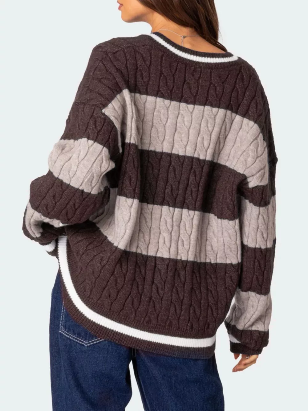 Striped Cable Knit V-Neck Sweater, image 5