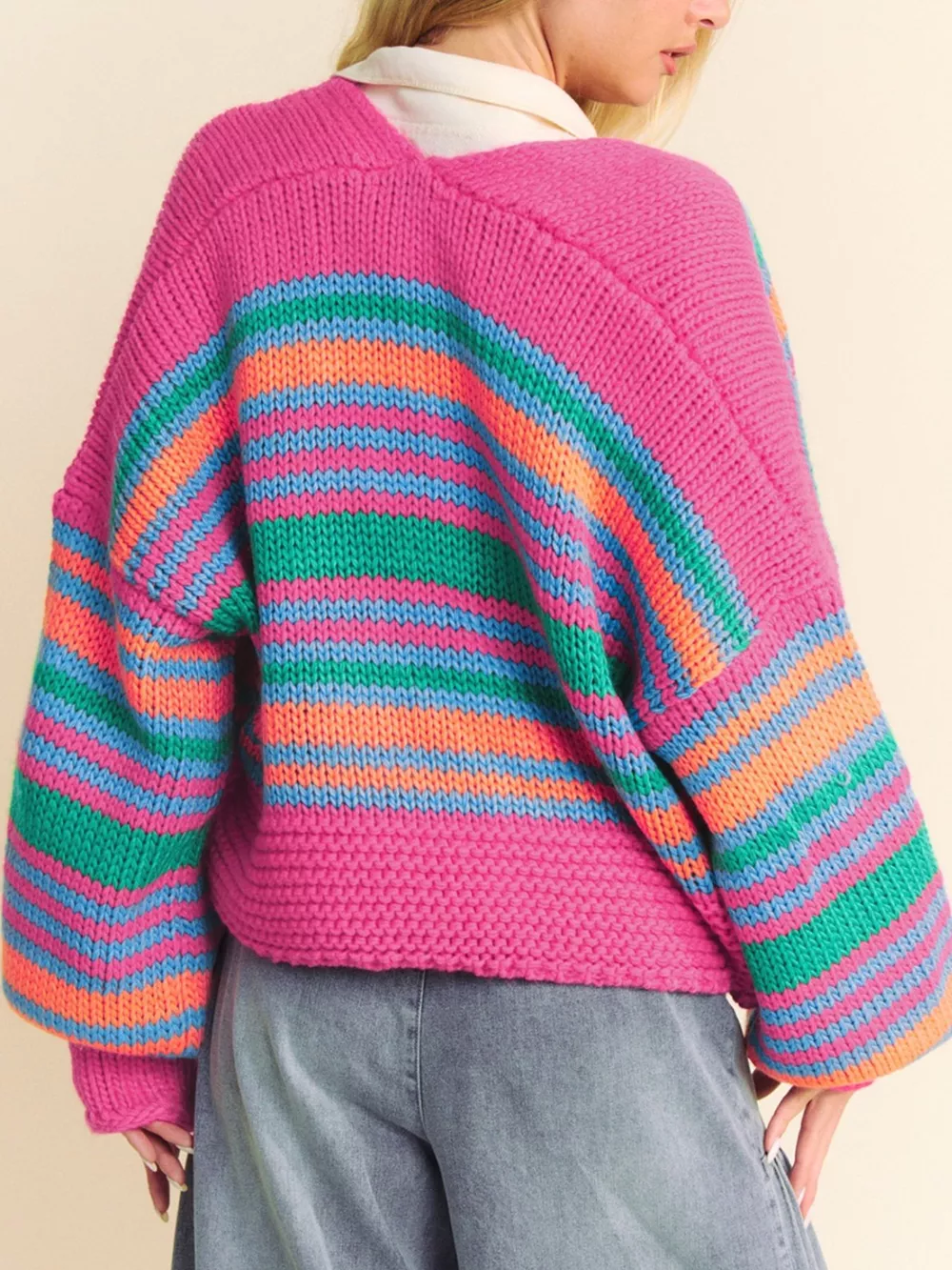Stripe Colorful Puff Sleeve Drop Shoulder Loose Cardigan, image 3