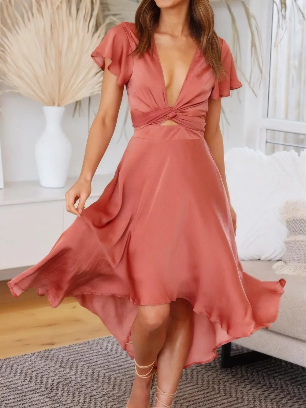 High-Low Plunge Flutter Sleeve Dress