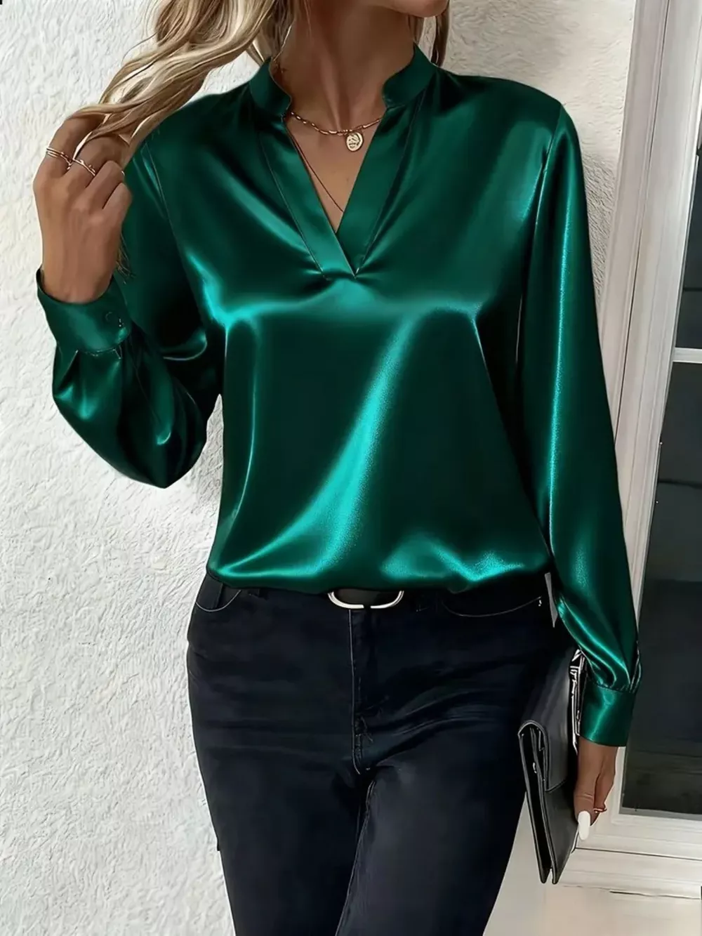 Satin Notched Long Sleeve Blouse, image 3