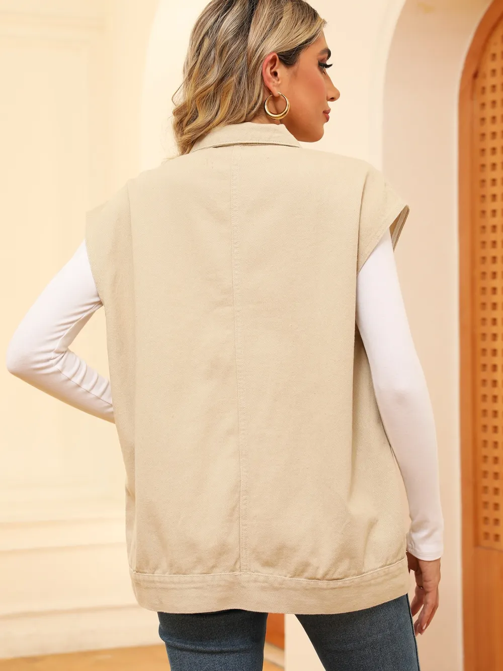 Pocketed Button Up Sleeveless Denim Jacket, image 13