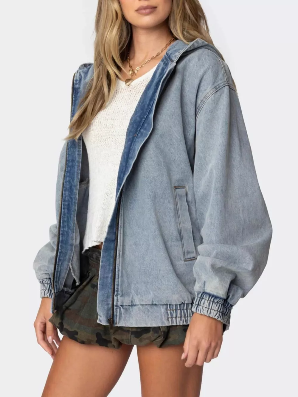 Hooded Oversized Zip Up Denim Jacket, image 3