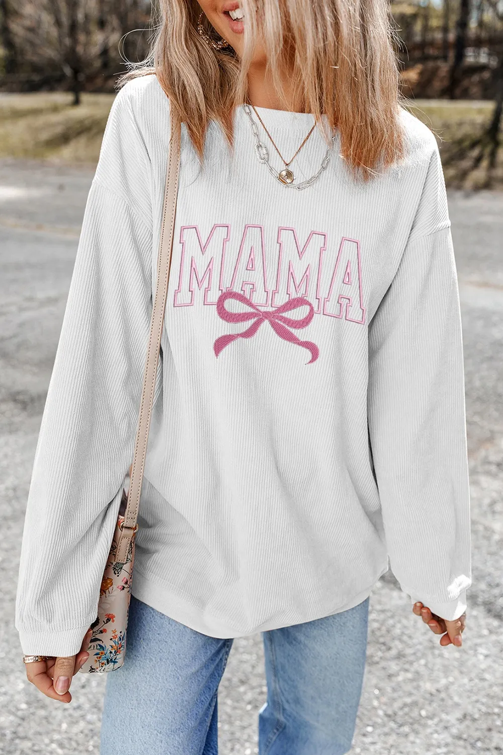 MAMA Bow Round Neck Long Sleeve Sweatshirt, image 4