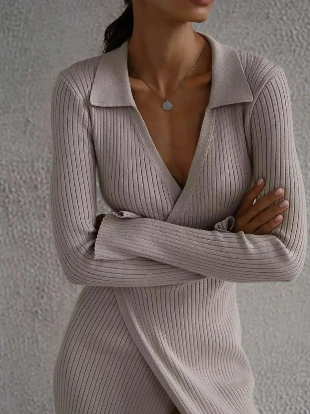 Tied Collared Neck Long Sleeve Sweater Dress, image 3