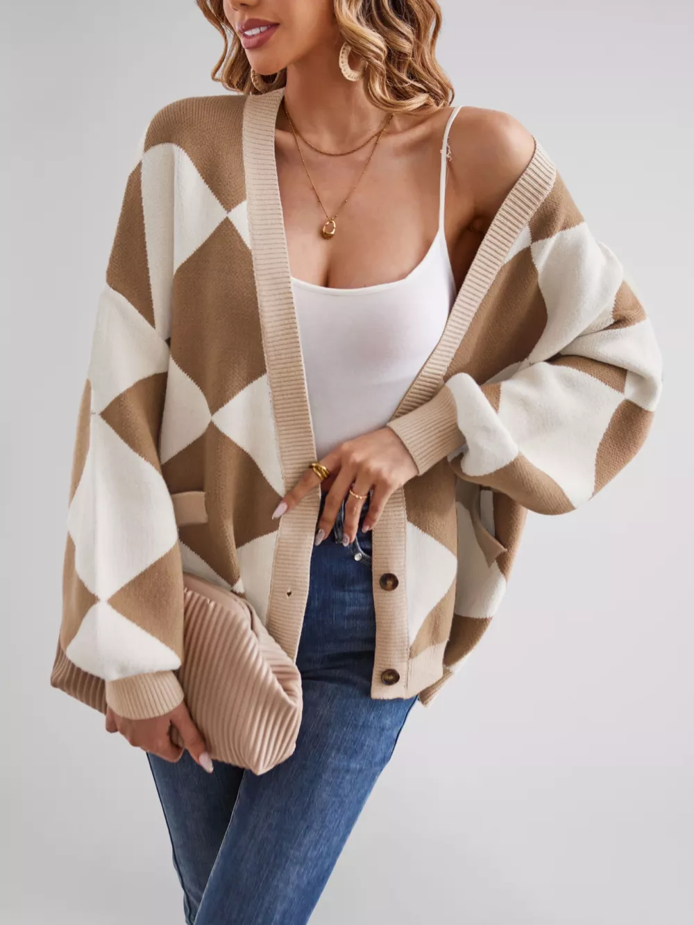 Diamond Pattern Button-Up Knit Cardigan, image 3