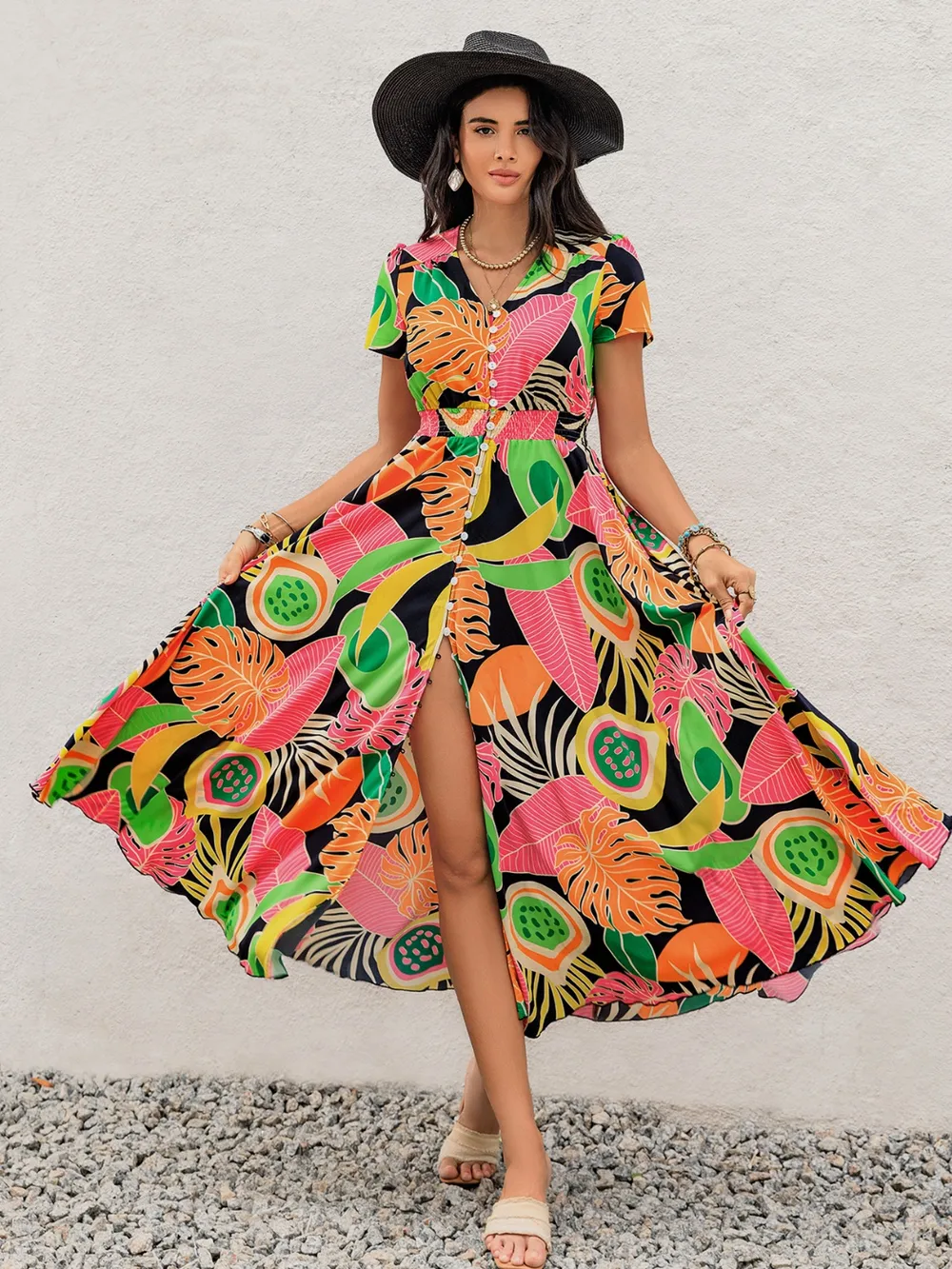 Tropical Print V-Neck Short Sleeve Midi Dress, image 5
