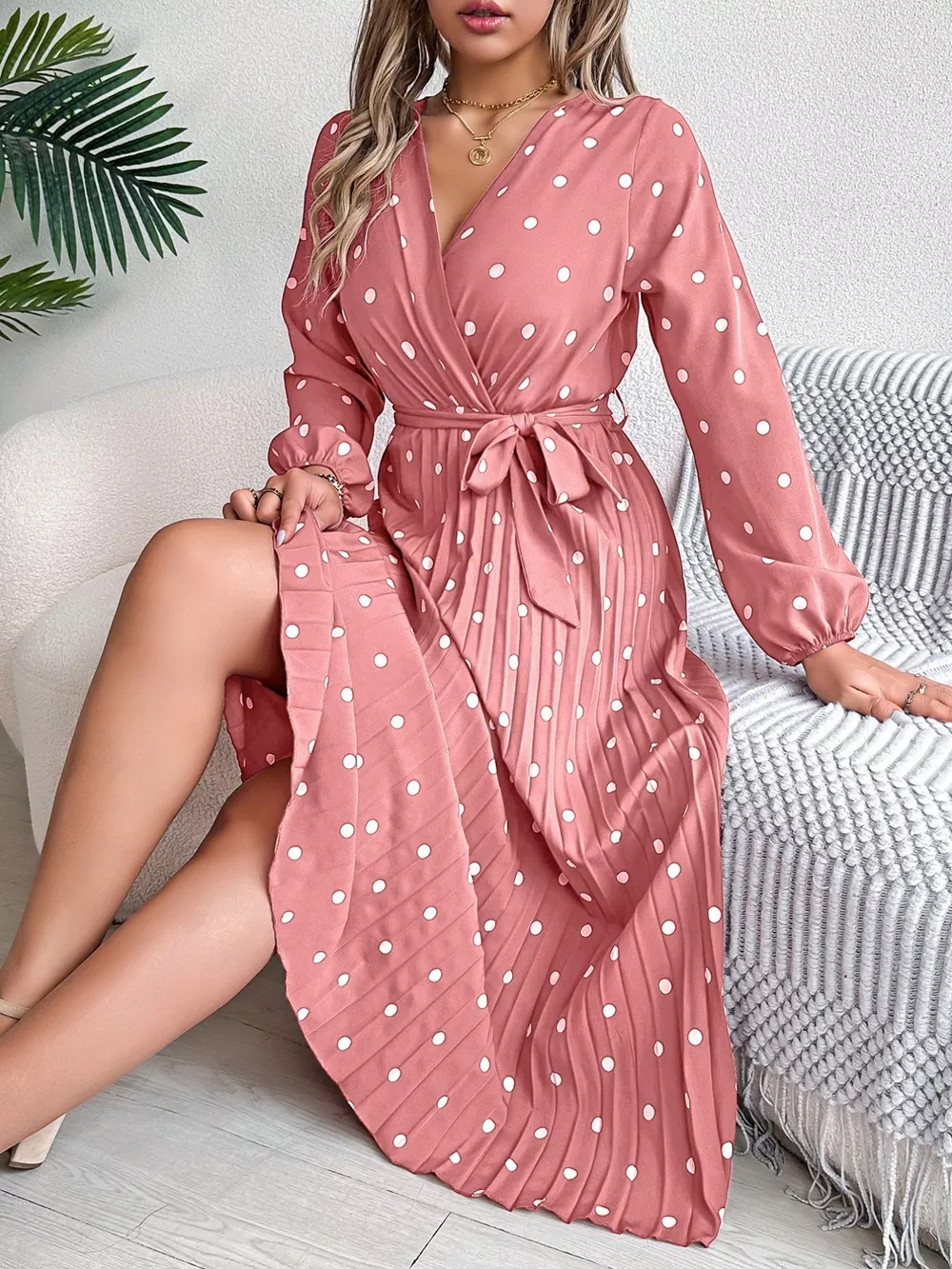 Front Tie Polka Dot Midi Pleated Dress, image 26