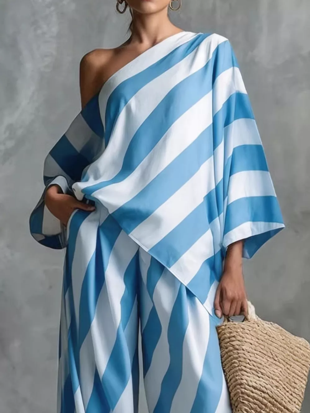 Full Size One-Shoulder Striped Top and Wide-Leg Pants Set Plus Size, image 6
