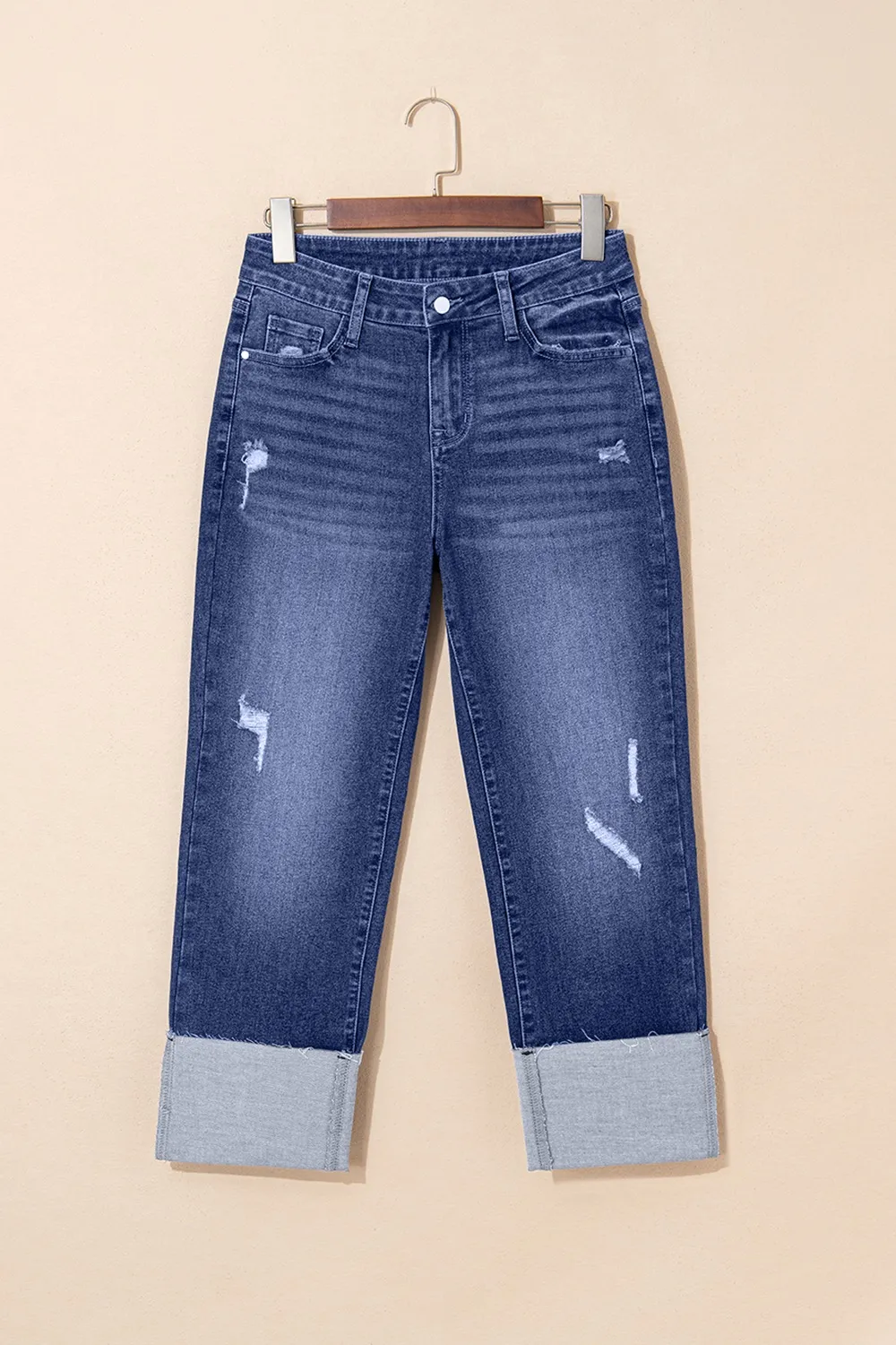 Folded Cuffs Distressed Straight High Waist Jeans, image 6