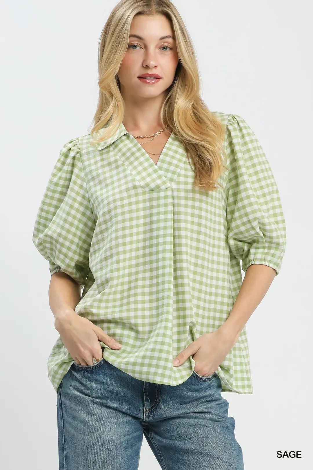 Gingham Puff Sleeve Collared Blouse