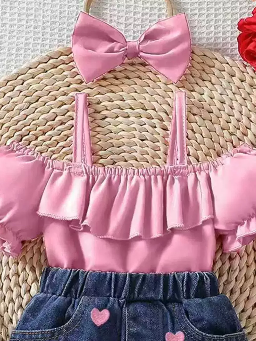 Children's Ruffled Top & Heart Embroidered Denim Shorts Set, image 7