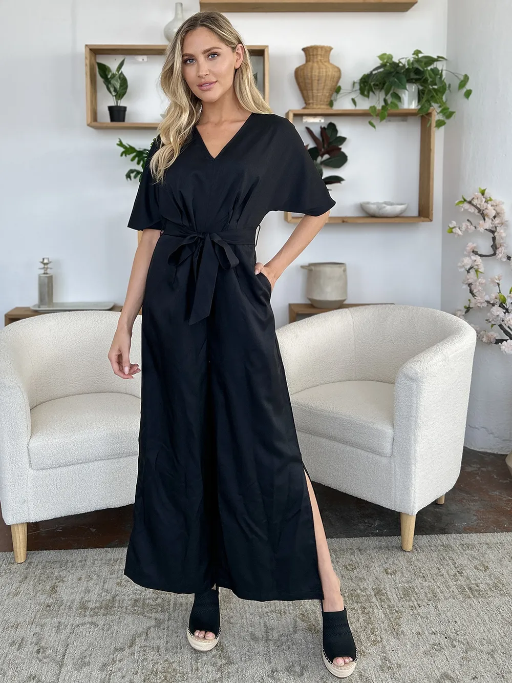 Full Size V-Neck Tied Side Slit Jumpsuit, image 8