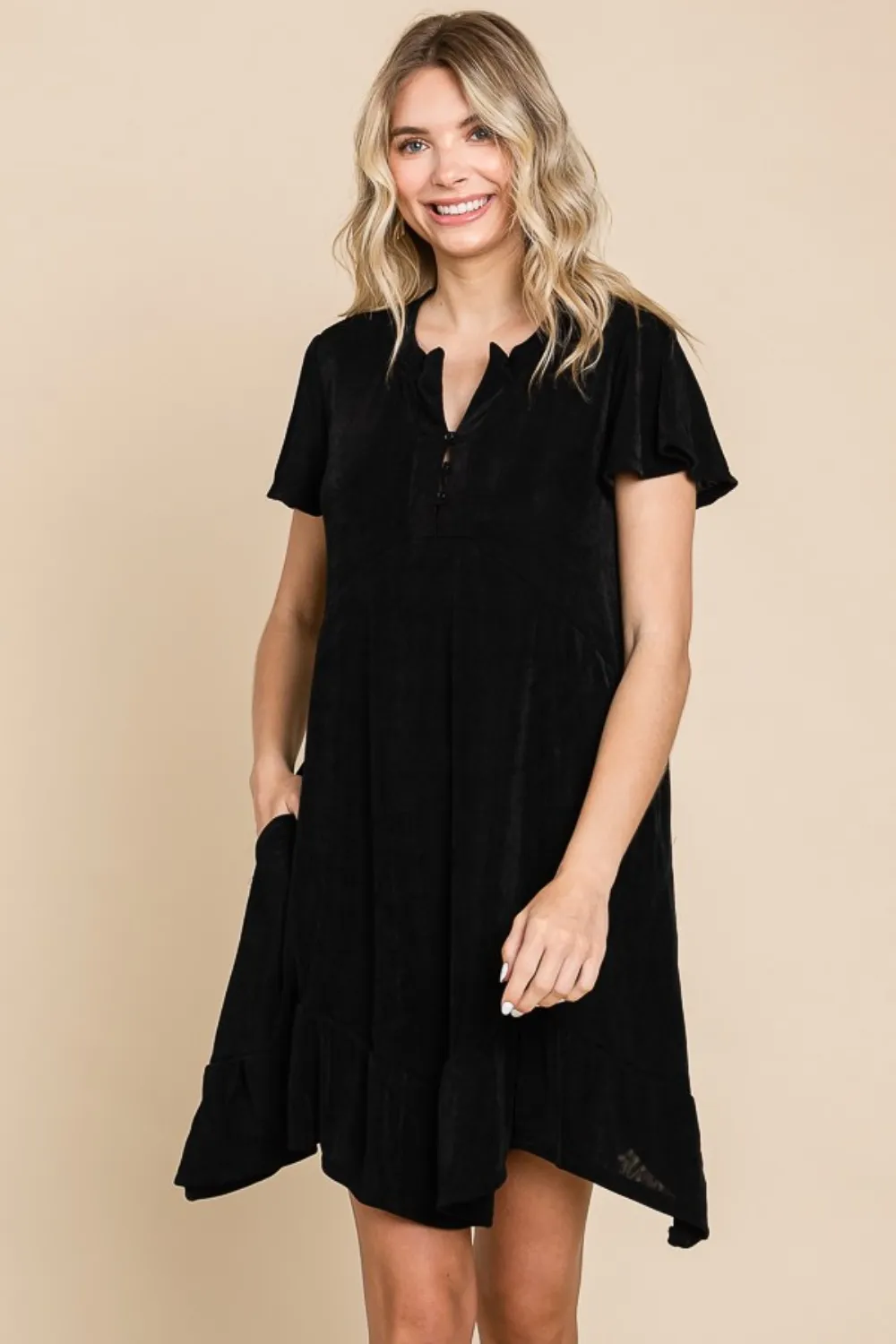 Full Size Short Sleeve Ruffled Asymmetric Hem Dress
