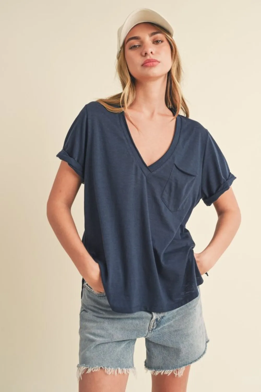 Side Slit V-Neck Short Rolled Sleeve T-Shirt